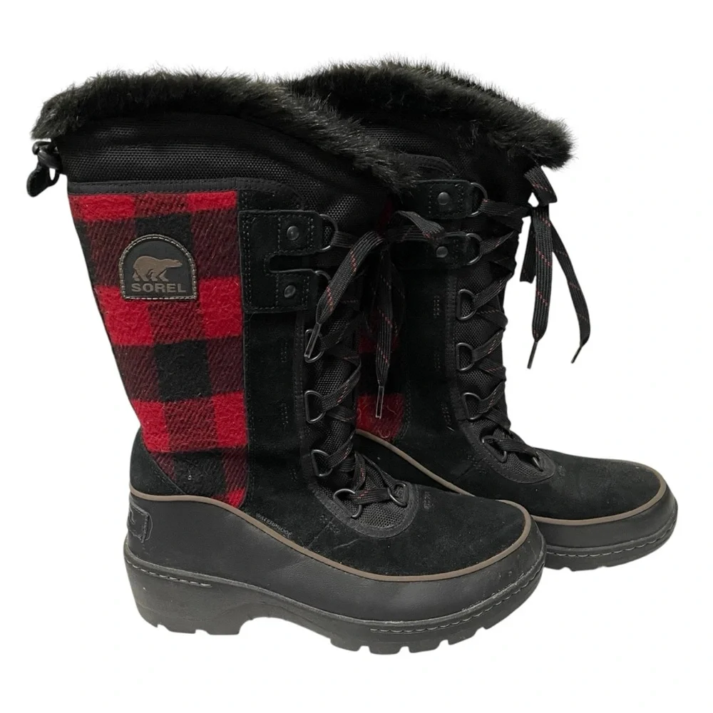 Sorel Tivoli III High Boots Black Red Buffalo Plaid Women’s 7 Fur Lined - Picture 1 of 7
